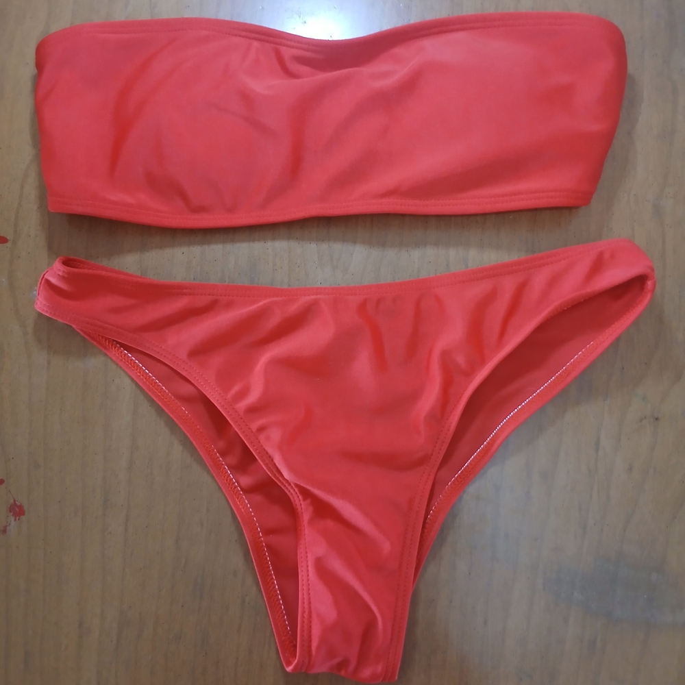 Strapless Bandeau Bikini Set in Coral Red - Women Swim